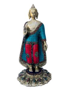 Statue de Bouddha debout en laiton artisanal Nirmala, décoration d'intérieur multicolore, fabriquée à la main au Rajasthan - Product Image 3
