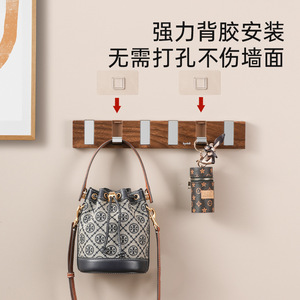 Wooden Grain Wall Mounted <b>Hooks</b> 6 <b>Hooks</b> Easy Install <b>Adhesive</b> Storage Rack For Clothes Hat Key Bag Bedroom Door Use - Product Image 3