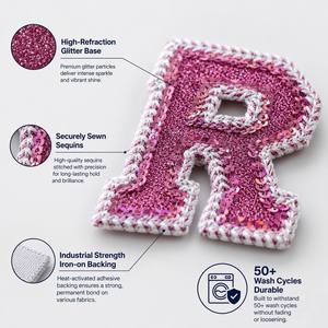Anti-Fray&Crack Resistant Full Merrow Border Glitter Pink Bottom Letter Iron on Sequin Embroidery Patches for Pettichat Jacket - Product Image 1