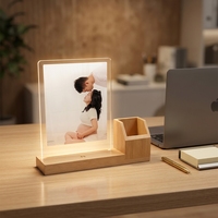 Porte-stylo multifonctionnel en bois à LED, à piles, avec commande tactile, lumière blanc chaud, veilleuse à intensité variable, organisateur de rangement DIY