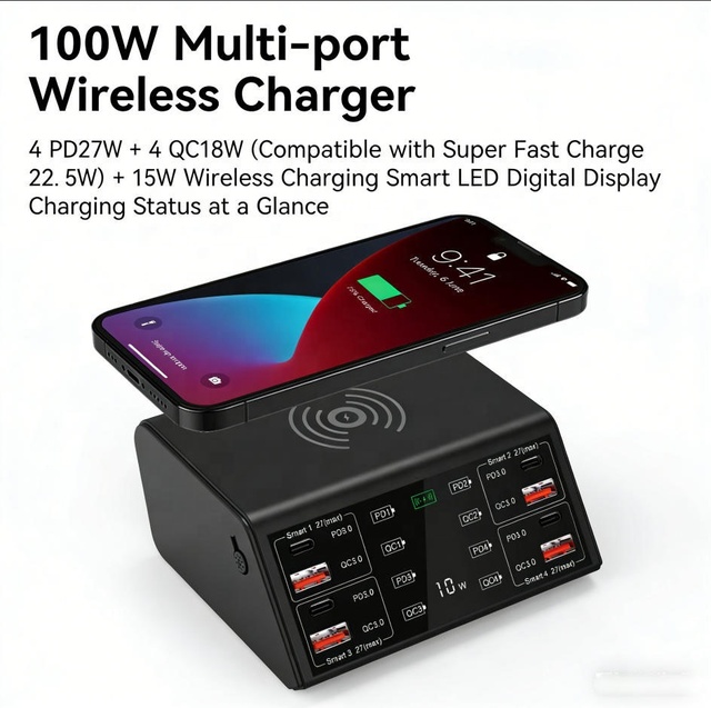 Universal 100W 4 Port Multi USB Charger With LED Digital Display Smart Wireless Charging Station EUUS Fast Charge Power Adapter