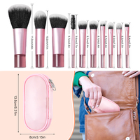 Ensemble de 10 pinceaux de maquillage professionnels miniatures, vegan, portables, mignons, pour le visage et les yeux, de luxe, roses, de qualité supérieure, avec étui en PU