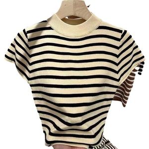 I-0787 Vente en gros Nouvelle collection été Meilleure vente Crop top <span class=keywords><strong>femme</strong></span> à manches courtes, <span class=keywords><strong>col</strong></span> <span class=keywords><strong>roulé</strong></span> ample, tricoté rayé - Product Image 5
