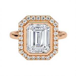Bague de fiançailles de luxe en or plaqué 18K 14K avec diamant de laboratoire taille émeraude, sertie clos, double halo, pour femme, bijoux fins - Product Image 4