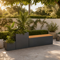 Banc de jardin extérieur commercial pour hôtel, complexe hôtelier, parc, jardin, en acier gris anthracite avec assise en bois et jardinières