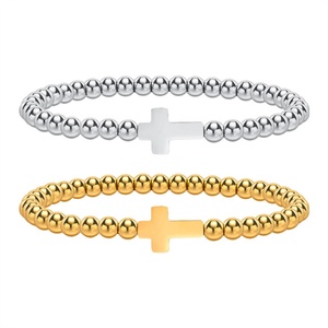 Bracelet personnalisé tendance en acier inoxydable avec perles et pendentif croix – Cadeau idéal pour les fêtes - Product Image 1