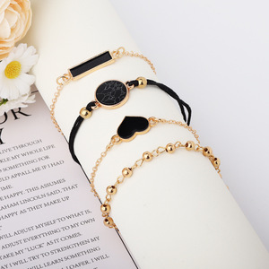 Heart <b>Black</b> Stone <b>Wrap</b> Bracelets Gold Plated Women's Trendy Everyday Wear 4pcs Set - Product Image 1