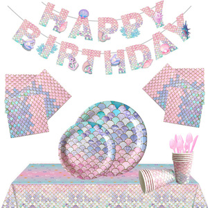 Juego de Vajilla Desechable de Papel con Temática de <span class=keywords><strong>Sirena</strong></span>, Pancarta de Feliz Cumpleaños, Decoración para Fiesta en <span class=keywords><strong>la</strong></span> Piscina, para Restaurantes Temáticos - Product Image 1