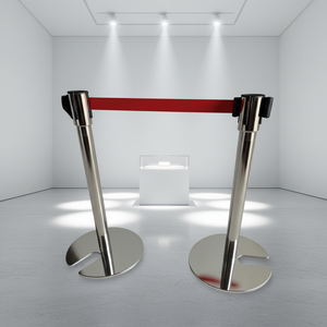 Poste de separación telescópico apilable de acero inoxidable plateado con barandilla en forma de U para colas y bancos - Product Image 3