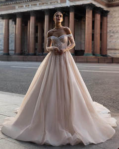 Abito da <span class=keywords><strong>Sposa</strong></span> NDB10245 con Spalle Scoperte, Maniche Lunghe, Schiena Nuda, Strascico, Perle e Paillettes - Product Image 6