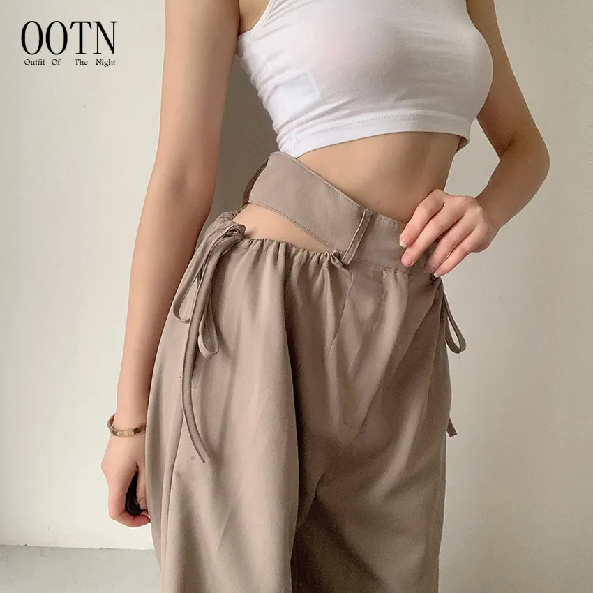 OOTN 2020 female fashion street casual wear harajuku Khaki cargo pants women high waist hollow out tassel Straight pants
