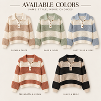 Pull ample en tricot crocheté rayé à col polo ajouré pour femme, idéal printemps-automne
