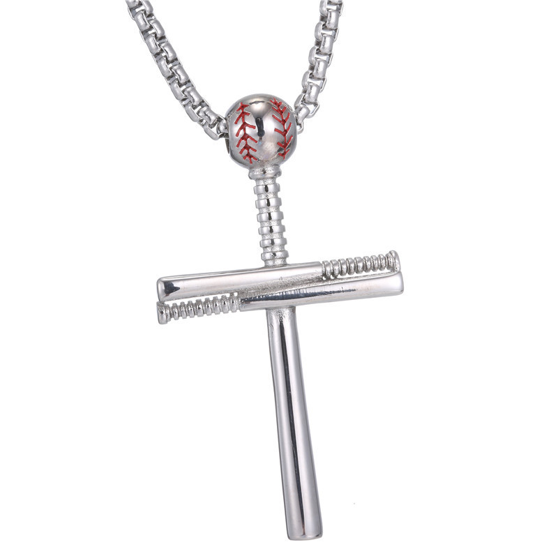 Baseball Bat & Cross Pendant Necklace For Men & Boys - Stainless Steel Religious Sports Jewelry Gift - View #3
