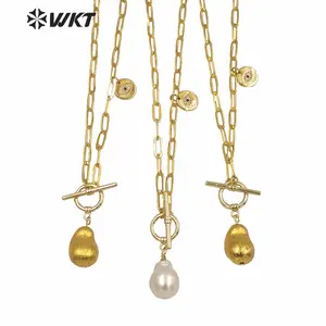 WT-JN129 WKT Wholesale Natural Freshwater Baroque Pearl Pendant Necklace Women Fashion Gold Brass Chain Casual Pearl Necklace