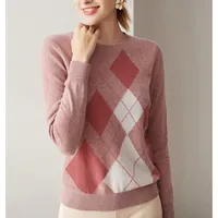 Женский кашемировый свитер 100%, жаккардовая футболка с рисунком ромбиками, с круглым вырезом, с блокировкой цвета, от производителя