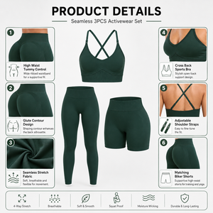 Set Sportivo da <span class=keywords><strong>Donna</strong></span> <span class=keywords><strong>3</strong></span> Pezzi: Reggiseno Sportivo, Pantaloncini da Allenamento, <span class=keywords><strong>Leggings</strong></span> a Vita Alta Senza Cuciture, Elasticizzati in <span class=keywords><strong>4</strong></span> Direzioni, Logo Personalizzabile - Product Image 3