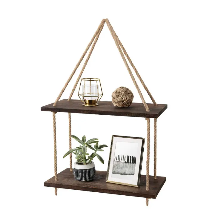 Customized non punching simple solid wood hemp rope partition wall decoration storage rack