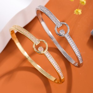 Concentric Circle <b>Copper</b> <b>Bangle</b> With Zircon Gold And Silver Geometric Minimalist Style Fashion Jewelry Gift For Unisex - Product Image 3