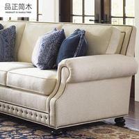 Amerikanischer Landhausstil Sofa für Villa und Große Apartments, Massivholz Einsitzer mit Hanf-Bezug, Anpassbares Robustes Wohnzimmersofa