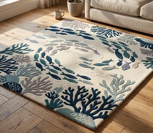 Ivory Blue School of Fish Wool <b>Rug</b> Hand Tufted Coastal Coral <b>Nursery</b> Area Carpet <b>for</b> Kids Room Bedroom Playroom Living Room - Product Image 4