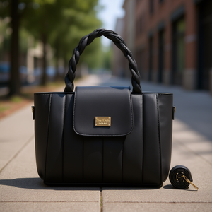 Bolso de mano con solapa para mujer Fana Kaira, material de poliuretano negro, asa trenzada, estilo informal - Product Image 2