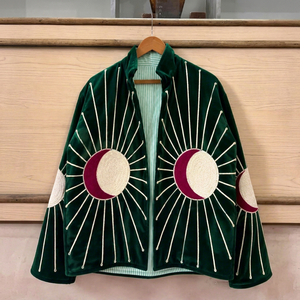 Premium Green <b>Velvet</b> Embroidered Suzani <b>Jacket</b> with Sun Moon Pattern Full Sleeve Stand Collar Handmade Boho Autumn Outerwear - Product Image 1