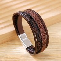 Bracelets en cuir tressé à la main multicouches avec fermoir magnétique en métal Bracelet en cuir rétro punk pour homme
