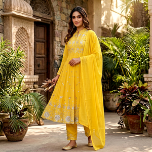 Ensemble indien pakistanais brodé jaune, tuniques Anarkali avec palazzo et dupatta, tenue de fête - Product Image 1