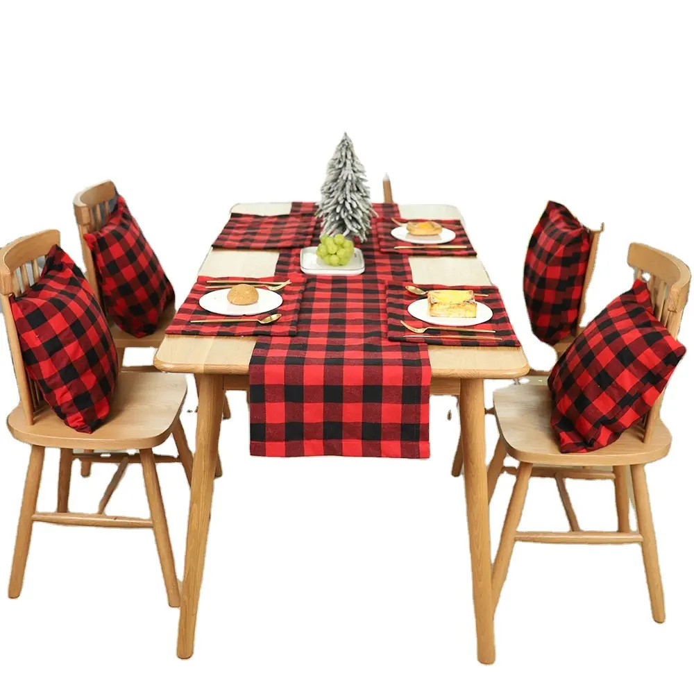 HB-2018 Red Black Cotton Buffalo Check Plaid Christmas table runner and placemats for Holiday Christmas Table Decorations