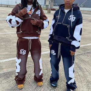 Kustom setengah ritsleting terbalik Logo bordir Streetwear Pullover antik asam cuci tertekan mengembang celana olahraga dan Set Hoodie - Product Image 1