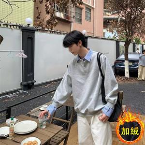 เสื้อเชิ้ตผ้าวูลแบบสองชิ้นปลอมๆ ตัดต่อสีสัน ไม่มีซับใน แขนยาว ปกพับ ทรงหลวม สไตล์คู่รัก สำหรับฤดูใบไม้ผลิ - Product Image 1