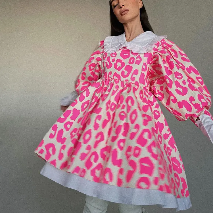 Enyami Instock 2023 Chic Pink Peter Pan Collar Print Leopard Dresses Causal Loose A-Line Long Sleeve Ladies Dress