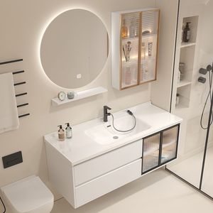 Modern Minimalist Ceramic Bathroom Vanity Set With Led Mirror Integrated Sink Rectangular White Wall Mounted - Product Image 1