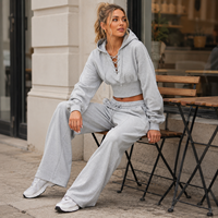Ensemble décontracté gris pour femme : sweat à capuche court à lacets et pantalon de jogging taille haute à jambes larges – Survêtement streetwear tendance