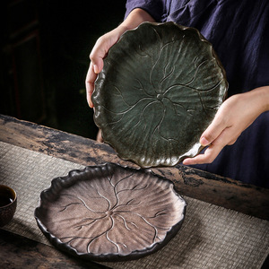 <span class=keywords><strong>Plateau</strong></span> à thé en céramique stoneware de style rétro japonais, avec finition en émail doré, motif feuille de lotus, pour service à thé Kung Fu et <span class=keywords><strong>table</strong></span> à thé - Product Image 1