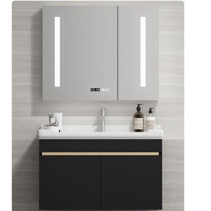Meuble de salle de bain moderne noir avec vasque en céramique monobloc et armoire à double porte avec miroir - Product Image 4