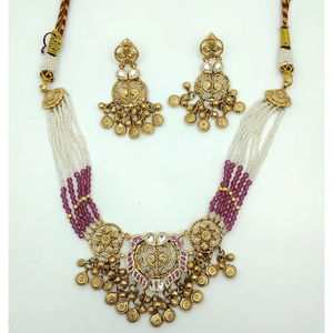 Ensemble de collier ras-de-cou traditionnel plaqué or avec perles roses et boucles d'oreilles assorties, bijoux de mariage pour femmes - Product Image 2