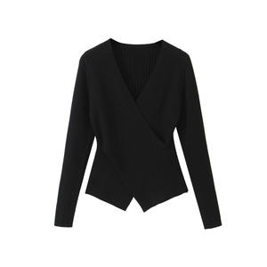 Haut en maille côtelée douce à col en V croisé style Ins pour femme, coupe ajustée, manches longues, grande taille, tendance - Product Image 1