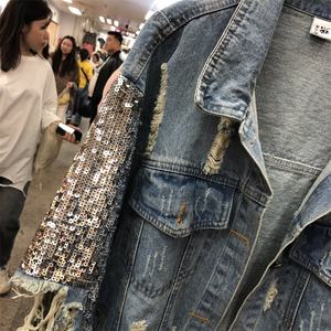 Nuova <span class=keywords><strong>Giacca</strong></span> da Donna in Denim con <span class=keywords><strong>Paillettes</strong></span> Cappotto Ampio alla Moda con Strappi di Tendenza e Maniche Lunghe - Product Image 6