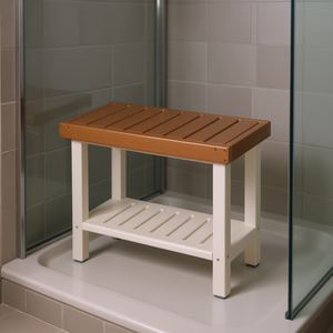 Chaise de douche avec étagère de rangement, capacité 250 kg, marron et blanc, design moderne, équipement de sécurité pour salle de bain - Product Image 2