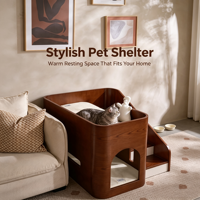 Maison pour animaux de compagnie en bois avec coussin moelleux, cage intérieure en bois massif pour chiens de petite à moyenne taille, lit pour animaux de compagnie à deux étages