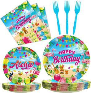 Articles de décoration pour fête hawaïenne, assiettes de fête d'anniversaire tropicales Luau, assiettes de fête estivales sur le thème de la plage, serviettes et vaisselle - Product Image 1