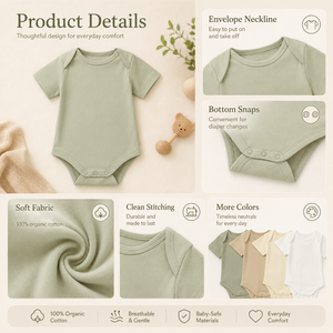 Combinaisons pour bébés nouveau-nés en coton biologique 100%, manches courtes, fermeture à boutons, vêtements d'été pour bébés - Product Image 3