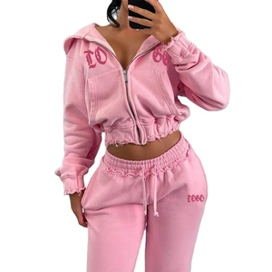 <span class=keywords><strong>Ensemble</strong></span> sweats à capuche et pantalons de survêtement personnalisés en polaire éponge rose vieilli sweat à capuche zippé pour femmes survêtements entraînement deux pièces ensembles pour femmes - Product Image 1
