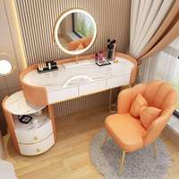 Coiffeuse de luxe ronde en pin massif avec miroir LED, grand coffre de rangement, station de maquillage moderne pour chambre à coucher