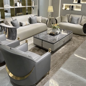 Bộ ghế sofa phòng khách cao cấp phong cách hoàng gia Ý, chất liệu da hiện đại, chất lượng cao, khung gỗ, màu trắng vàng. - Product Image 1