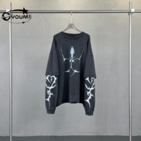 Youmi Custom OEM Manches longues côtelées tricotées à double épaisseur, DTG, délavées à l'acide, style Hip-hop Vintage, 345 GSM, 100% Coton, Y2k