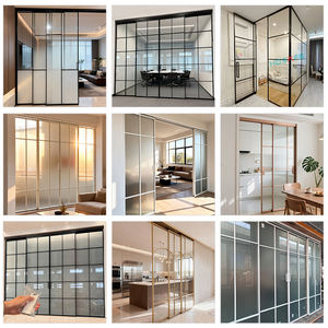 Cloison <span class=keywords><strong>coulissante</strong></span> à 4 panneaux en aluminium <span class=keywords><strong>Porte</strong></span> <span class=keywords><strong>coulissante</strong></span> en verre noir sans <span class=keywords><strong>rail</strong></span> inférieur Fermeture souple Salon Bureau <span class=keywords><strong>Porte</strong></span> vitrée - Product Image 3