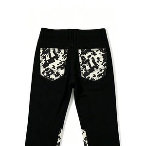Pantalon en jean noir uni ample et évasé, tendance, avec patchwork imprimé vache sur les poches et les jambes, style Y2K rétro street hip - Product Image 6