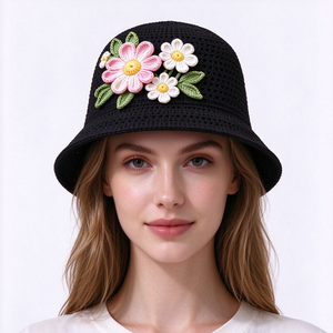Sombrero de Pescador Tejido a Mano con Flores, Gorro de Pescador de Hilo de Algodón, Aplique de Flores Bordadas, para Primavera, Verano, Playa y Viajes - Product Image 1